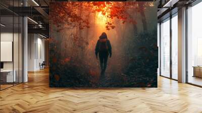 hiking in an autumn forest Wall mural