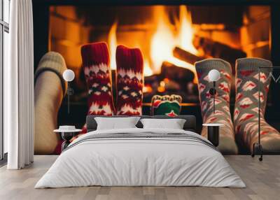 Legs in the christmas socks view of the happy family. Wall mural