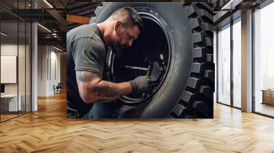 Mechanic repairing a large tire. grenerative ai Wall mural