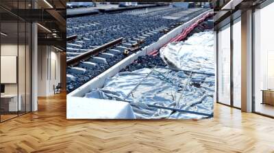 new and precise laying of tracks using leveling devices at the fork in two tram tracks. a layer of gravel above which concrete sleepers are placed. rubber anti-vibration base made of rubber Wall mural