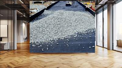 new and precise laying of tracks using leveling devices at the fork in two tram tracks. a layer of gravel above which concrete sleepers are placed. rubber anti-vibration base made of rubber Wall mural