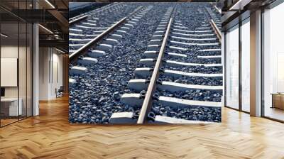 new and precise laying of tracks using leveling devices at the fork in two tram tracks. a layer of gravel above which concrete sleepers are placed. rubber anti-vibration base made of rubber Wall mural