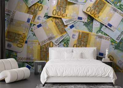 Scattered 200 euro, 100 euro, banknotes - background. Wall mural