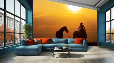 silhouette of a woman riding a horse and the other is on a rope Wall mural