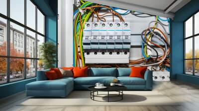 single-phase fuses in the off position, placed in the home fuse box, visible electric wires. Wall mural