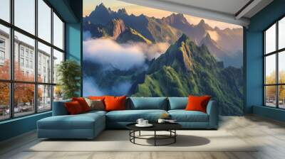 The landscape of the Madeira Mountains with peaks above the clouds. generative ai Wall mural