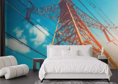 Transmission tower supporting overhead high-voltage power lines up close. generative ai Wall mural