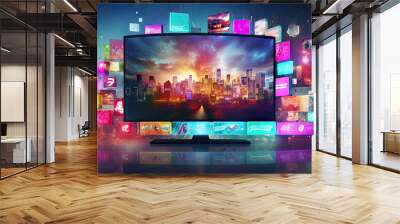 Tv channels. Media concept multiple television screens or monitors. Wall mural