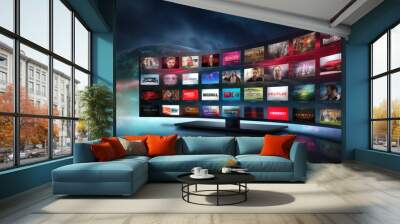 Tv channels. Media concept multiple television screens or monitors. Wall mural