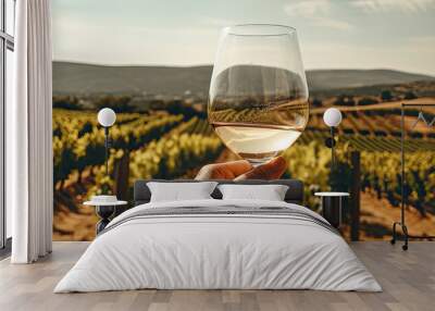 Vine glass in hand in sunset light. Vine degustation or tasting quality grapes in vineyard. Wall mural