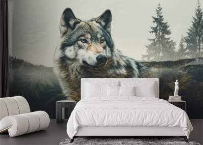 Wild wolf (canis lupus) on wite background in wild nature. Wolf design or graphic for t-shirt printing. Wall mural