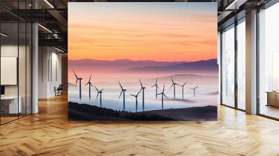 Wind farm at sunrise color landscape background. Wall mural