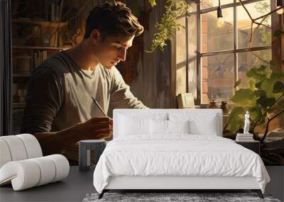 Young man reading a book in cozy room, catoon style, illustration picture. Wall mural