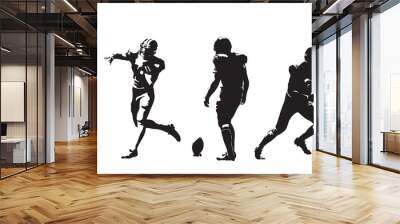 American football players, group of football players. Set of ink drawing illustrations. Isolated vector silhouettes Wall mural