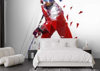 hockey player, low polygonal ice skater in red jersey with puck, isolated vector illustration Wall mural