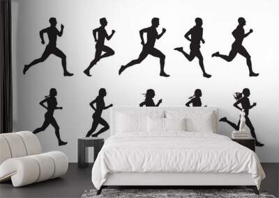 Run, set of running people, isolated vector silhouettes. Group of  men and women runners Wall mural