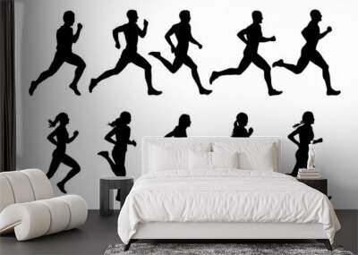 Running people, vector runners, group of isolated silhouettes, side view Wall mural