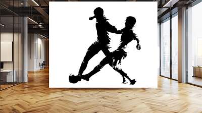 Soccer, two football players with ball, isolated vector silhouette. Soccer logo Wall mural