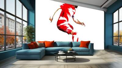 Soccer player in red jersey with ball, low poly vector illustration. European football player running with ball. Side view Wall mural