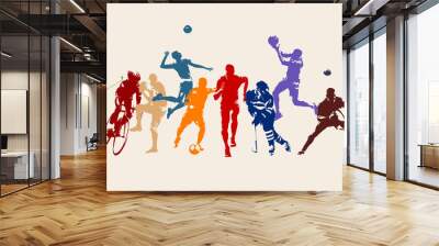 Sports, set of athletes of various sports disciplines. Isolated vector silhouettes. Run, soccer, hockey, volleyball, basketball, rugby, baseball, american football, cycling, golf Wall mural