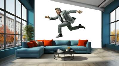 Businessman jumping in the air. The character of a businessman jumping for joy on a light transparent background. PNG file. Generative artificial intelligence Wall mural