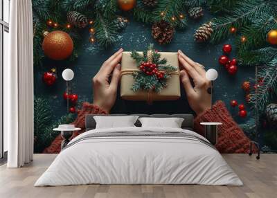 Close-up of hands making natural Christmas decorations. Christmas. Wall mural