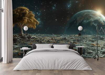 Moon surface with Christmas tree and huge gifts. Blue planet Earth visible in the distance. Christmas. Abstraction Wall mural