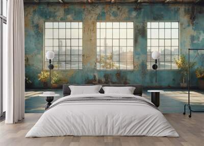 Old abandoned house with window. Loft. Living room in a factory building with raw walls, minimalist decor. Wall mural