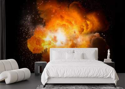 Realistic fiery explosion busting over a black background Wall mural