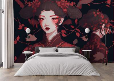 portrait of a woman valentine background with hearts girl with roses illustration of an angel with heart in Japanese style Wall mural