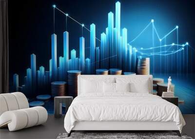 3D coin background with a blue finance graph and investment bar, showcasing growth Wall mural