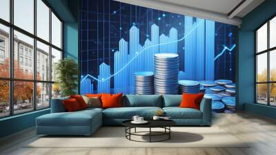 3D coin background with a blue finance graph and investment bar, showcasing growth Wall mural