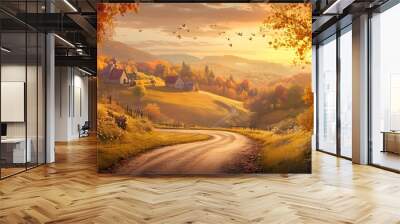 village in the distance with rolling hills full of autumn colors, a dirt road winding through, and a soft golden sunset illuminating the landscape Wall mural