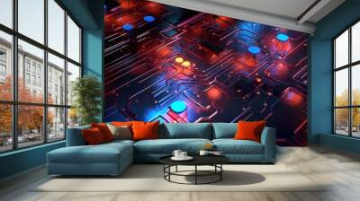 Abstract tech background with illuminated fiber optic connections, quantum computing network system and electronic global intelligence Wall mural