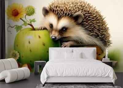 Adorable Hedgehog Eating an Apple with a Flower on Its Head Wall mural