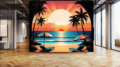 Ocean beach with surfboards. Surfing on the island against the background of mountains and palm trees. Wall mural