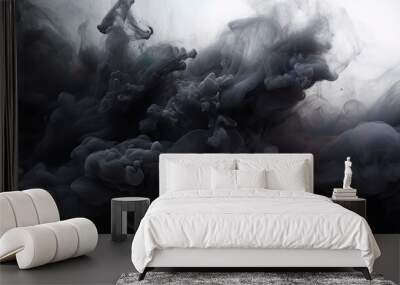 Realistic set of black smoke trails isolated on transparent background. Vector illustration of abstract ash clouds with particles flying in air. Plane, rocket, missile launch effect. Explosion smog Wall mural