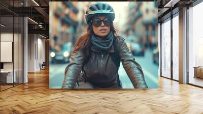 Beautiful woman riding to work with bike Wall mural