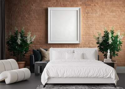 Classic interior design of modern living room. Classical grey sofa and two clay pots with home plants near brick wall with blank mock up frame. Wall mural