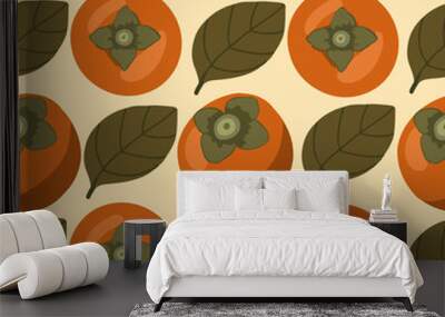 Persimmon and leaves in a seamless pattern. Wall mural