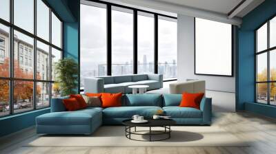 Interior with blank poster on wall, modern furniture, city view through windows. 3D Rendering Wall mural