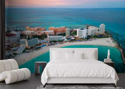 Cancun Mexico aerial at sunset of Caribbean Sea ocean resort tropical beach  Wall mural