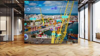 cargo port crane with infographics animation aerial view of import expo boat container oversea  Wall mural