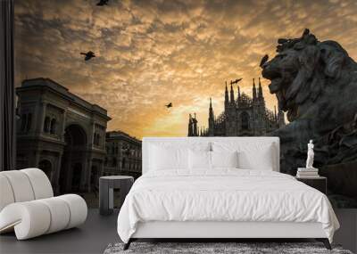 milan duomo cathedral with lion sculpture and galleria vittorio Emanuele dramatic sunset  Wall mural