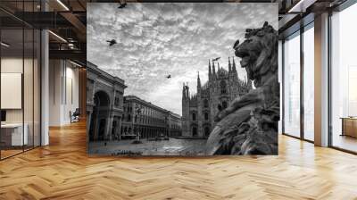 milano piazza duomo cathedral galleria and lion monument at sunrise cloudy sky black and white no people Wall mural