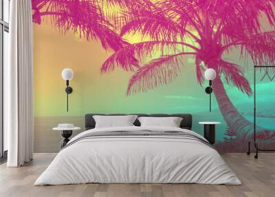 Beautiful tropical ocean with palm trees at sunset. Travel background with retro vintage duo-tone 90's style. Wall mural