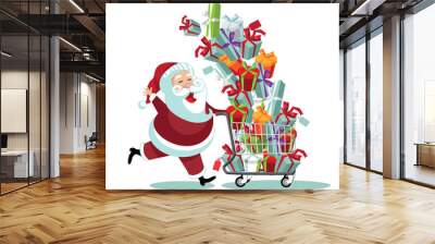 Cartoon Santa Claus pushing a Christmas shopping cart overflowing with tumbling gifts. EPS 10 vector. Wall mural