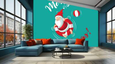 
Merry Christmas from Cartoon Santa relaxing in an inner tube on the tropical sea. Wall mural