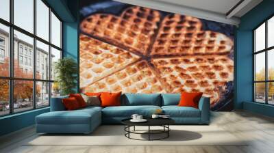 Waffle or waffles, dish made from leavened batter or dough that is cooked between two plates that are patterned to give a characteristic size, shape, and surface impression, close up Wall mural