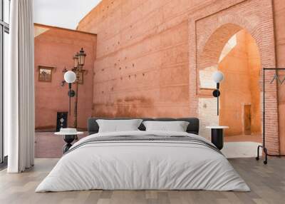 Ancient Terracotta City Walls of Marrakech Medina, Morocco, North Africa with archway  Wall mural